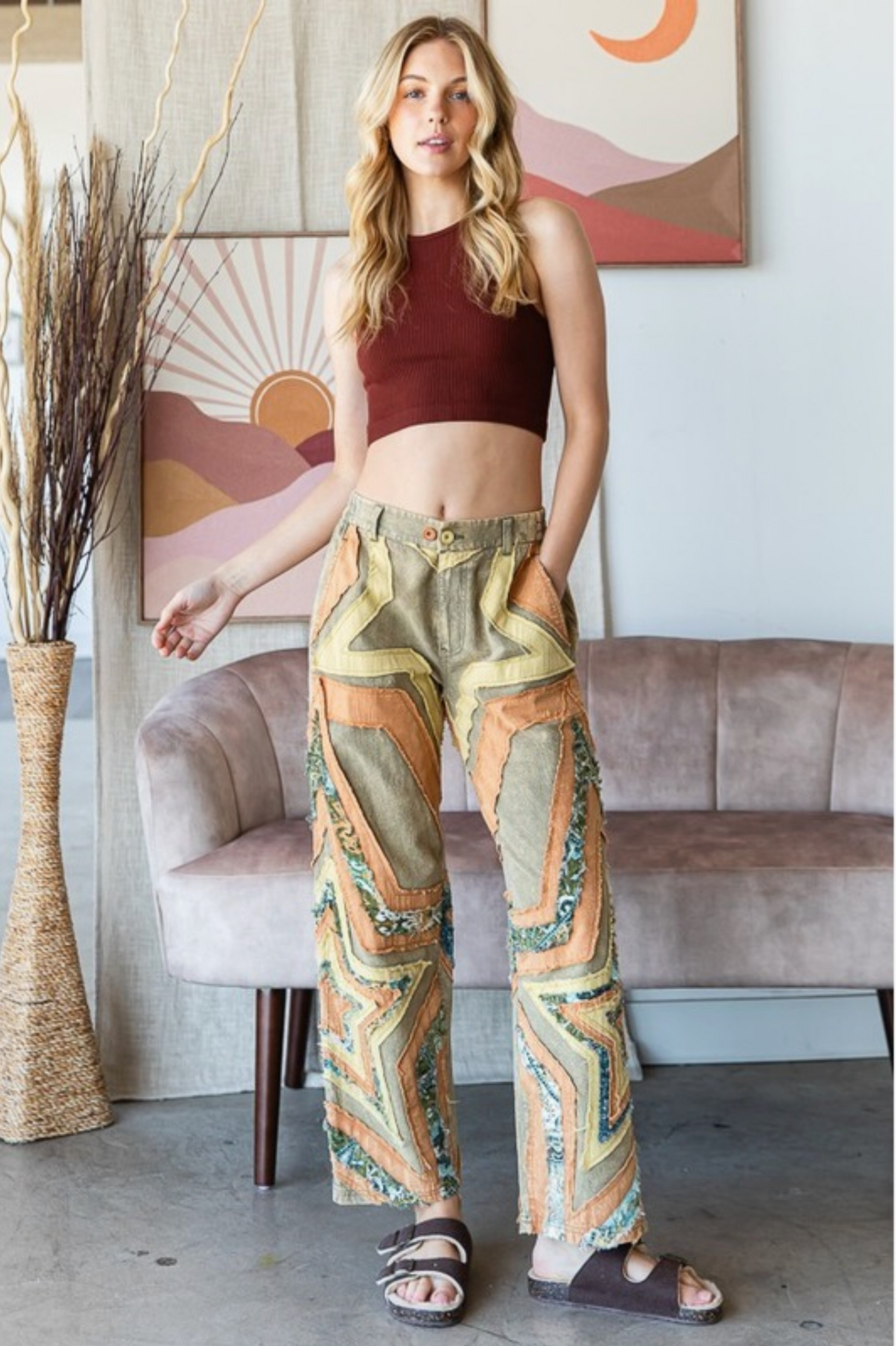 BOHO SHOOTING STAR Mixed Media Pants- Sage Angry Minnow