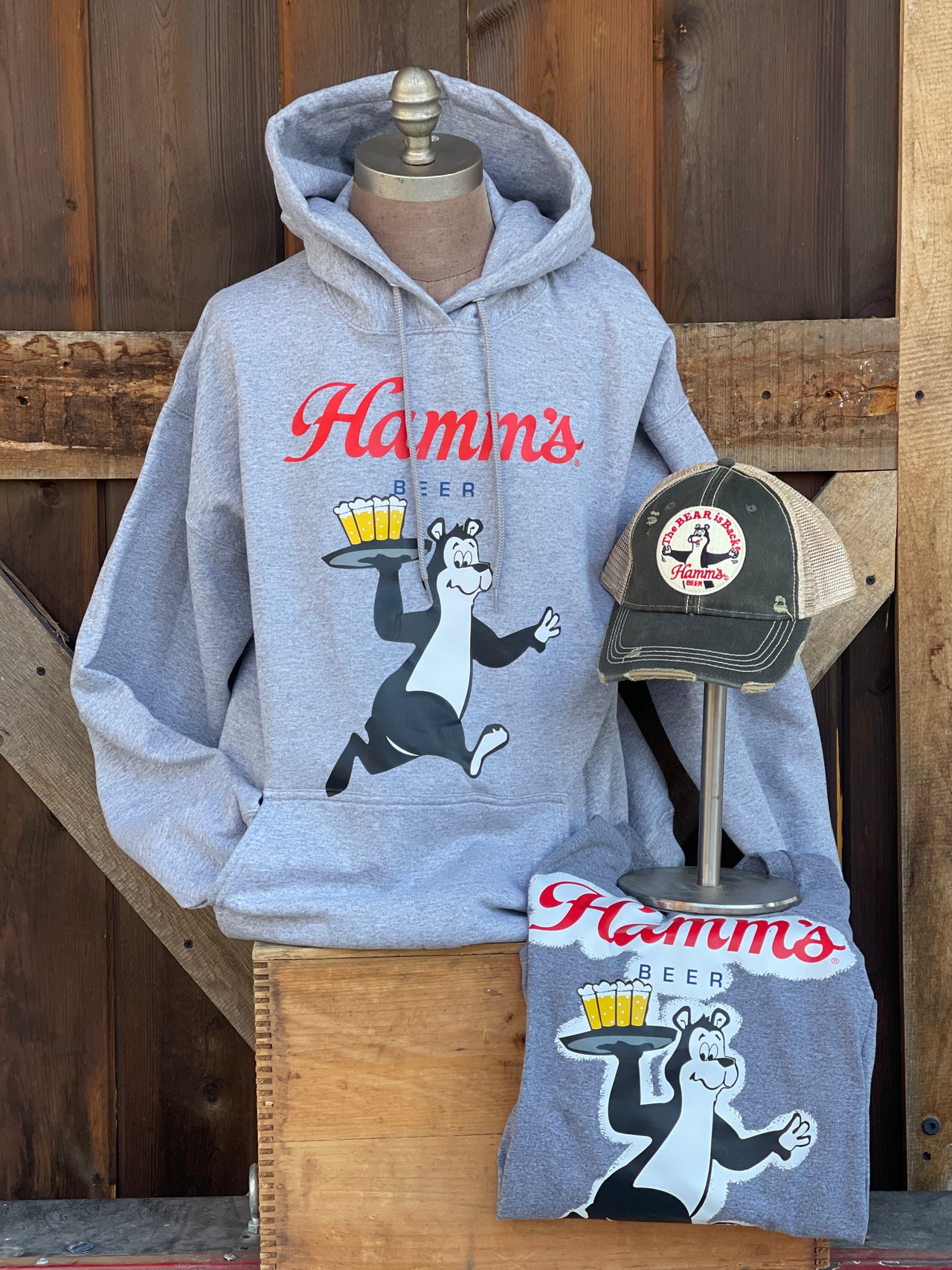 Hamm's Happy Hour Bear Hoodie- Heather Grey