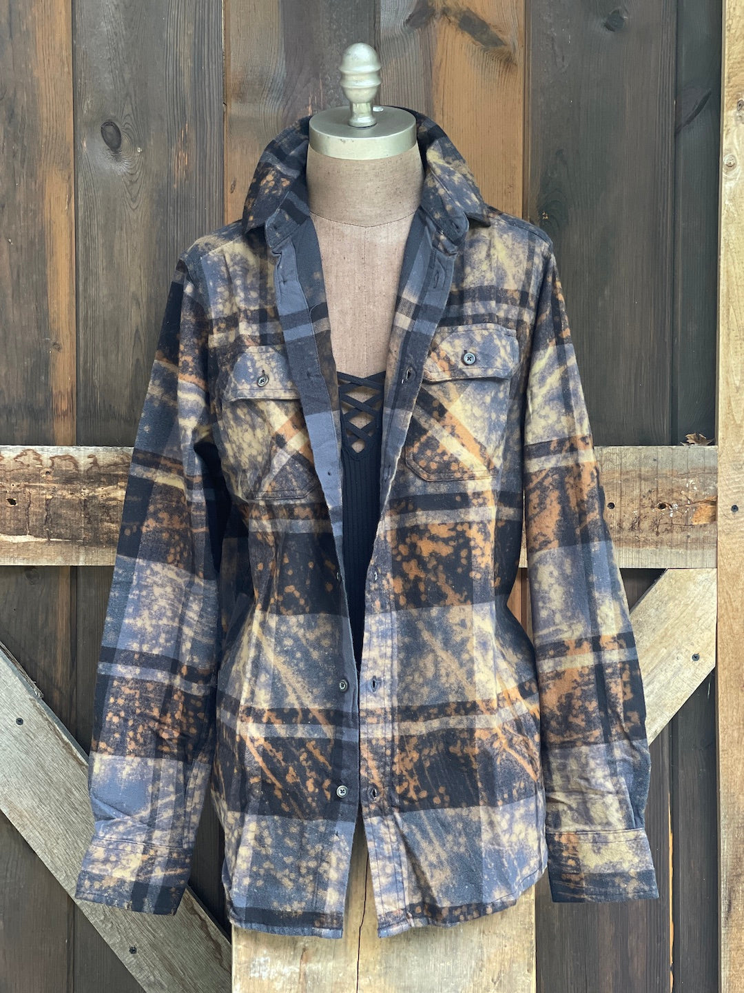 BOO! Ghost Art Flannel- Distressed Black Plaid