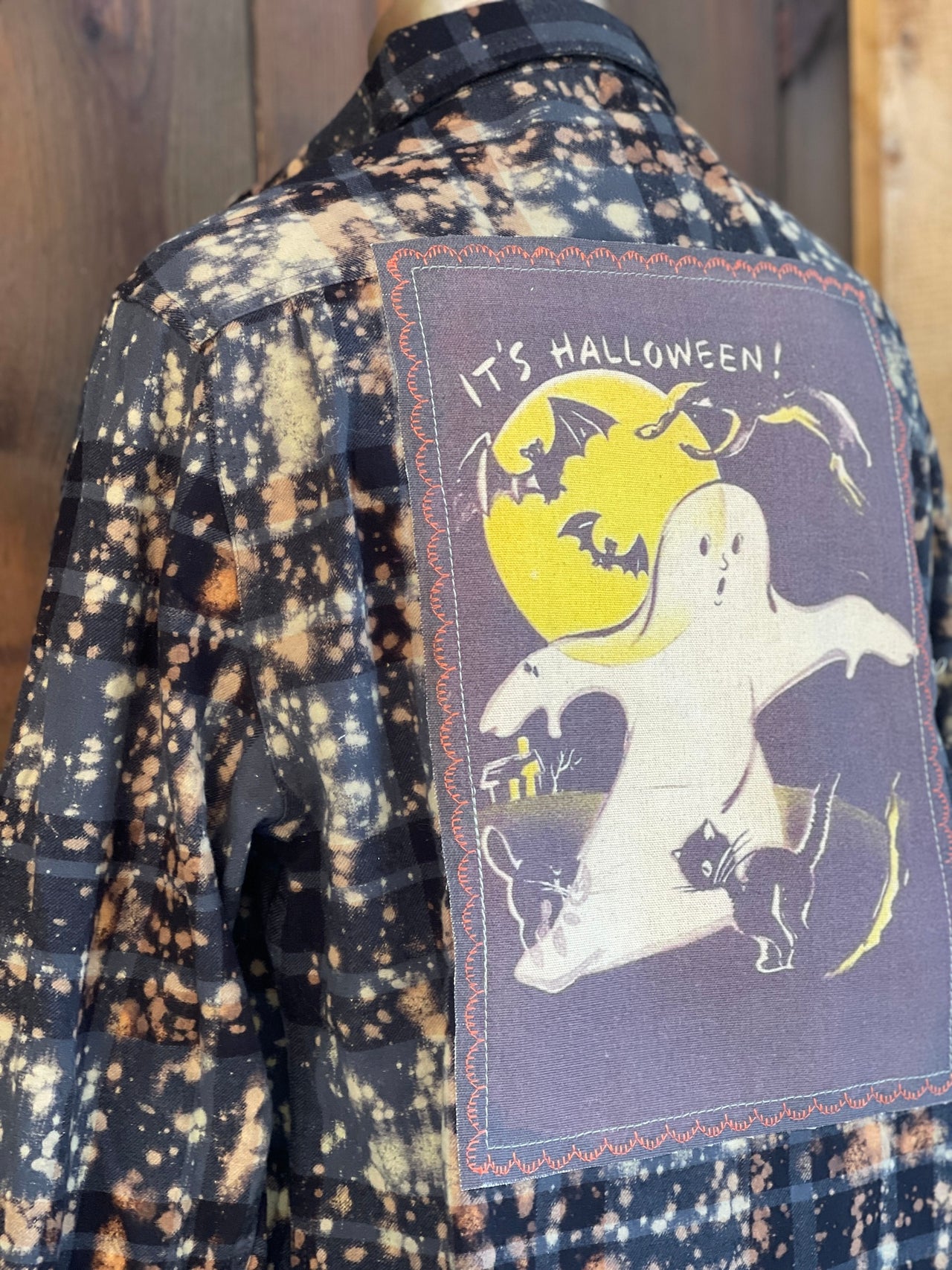 BOO! Ghost Art Flannel- Distressed Black Plaid