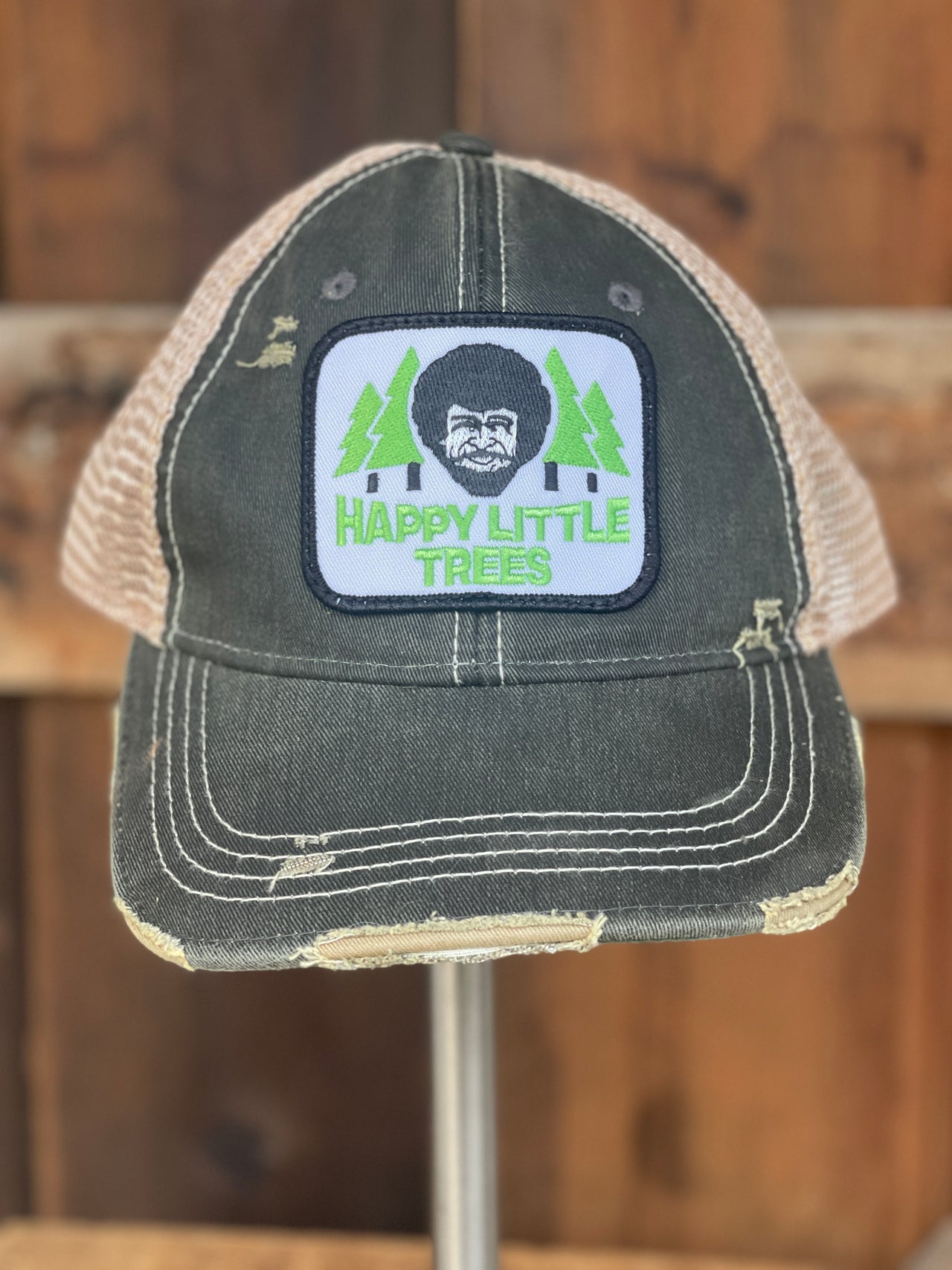 Happy Little Trees Hat- Distressed Black Snapback