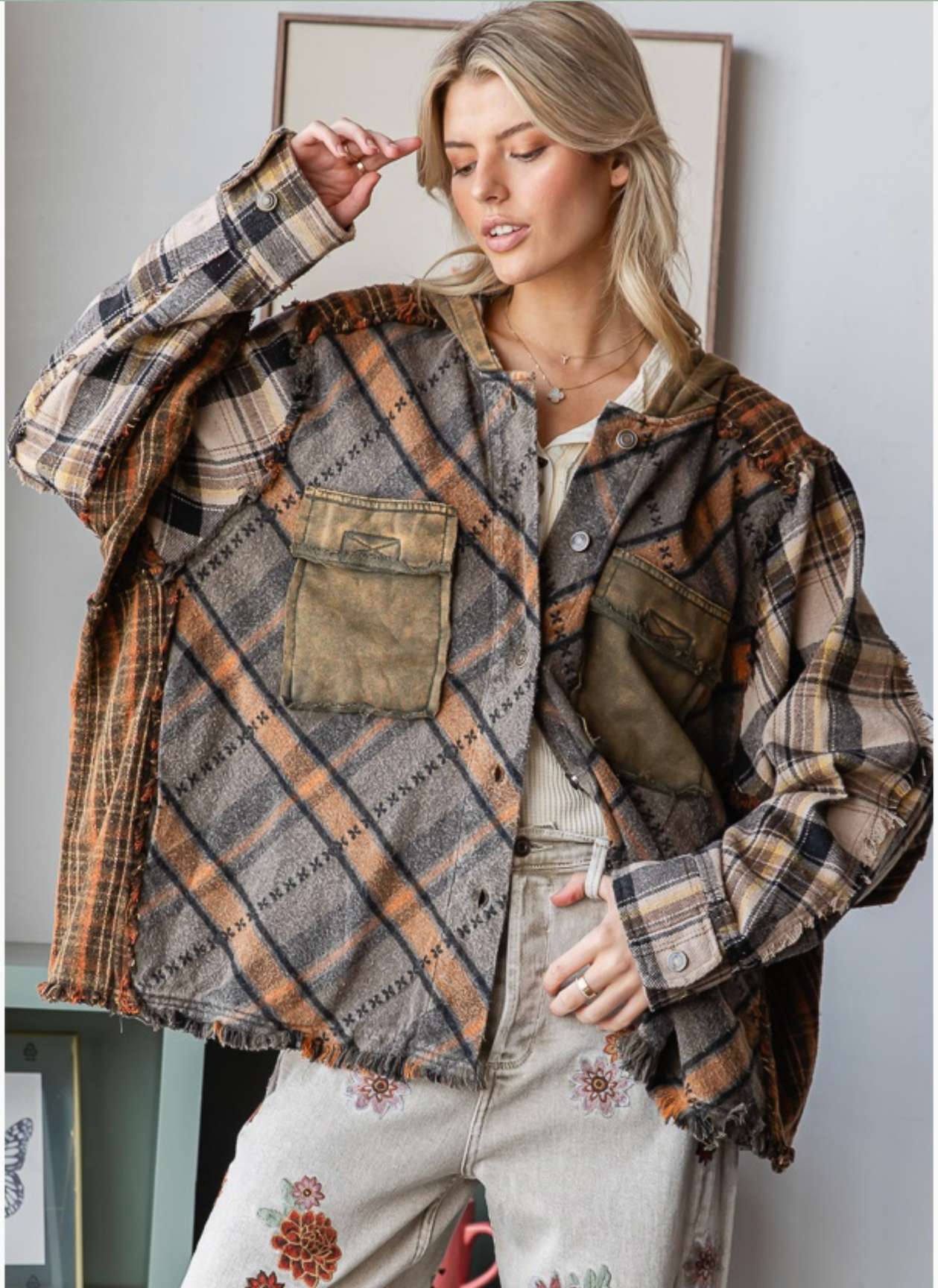 Washed Mixed Plaid Hooded Jacket