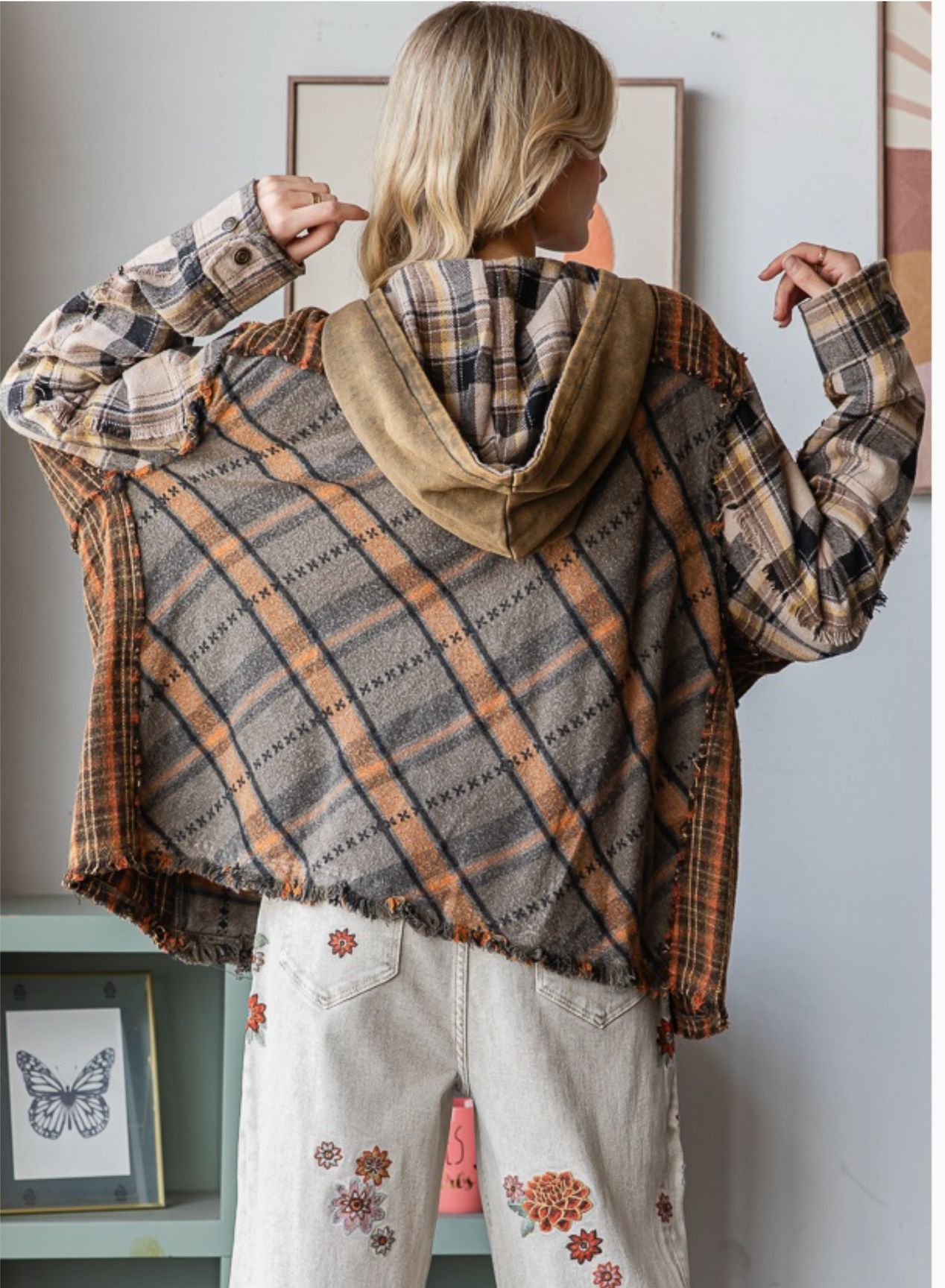 Washed Mixed Plaid Hooded Jacket