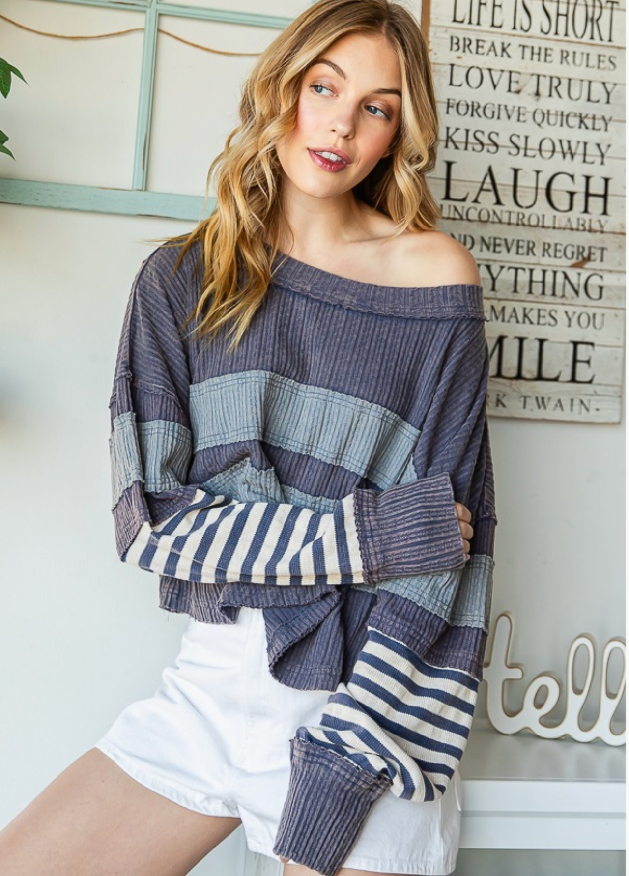 Mix Media Striped Detail Pullover- Navy