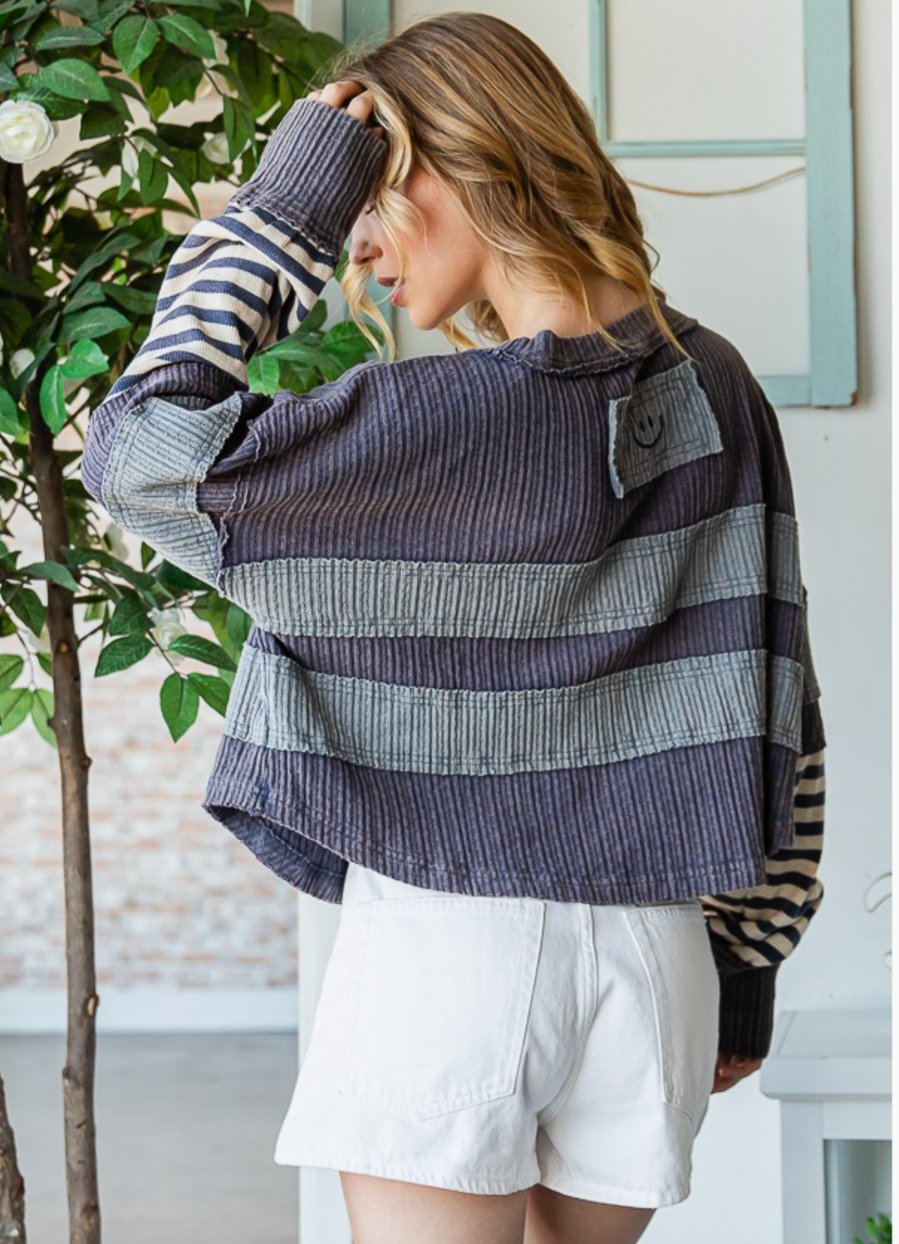 Mix Media Striped Detail Pullover- Navy