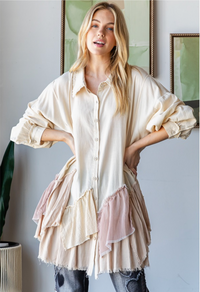 Thumbnail for Ruffle Detail Button Down Shirt- Blush