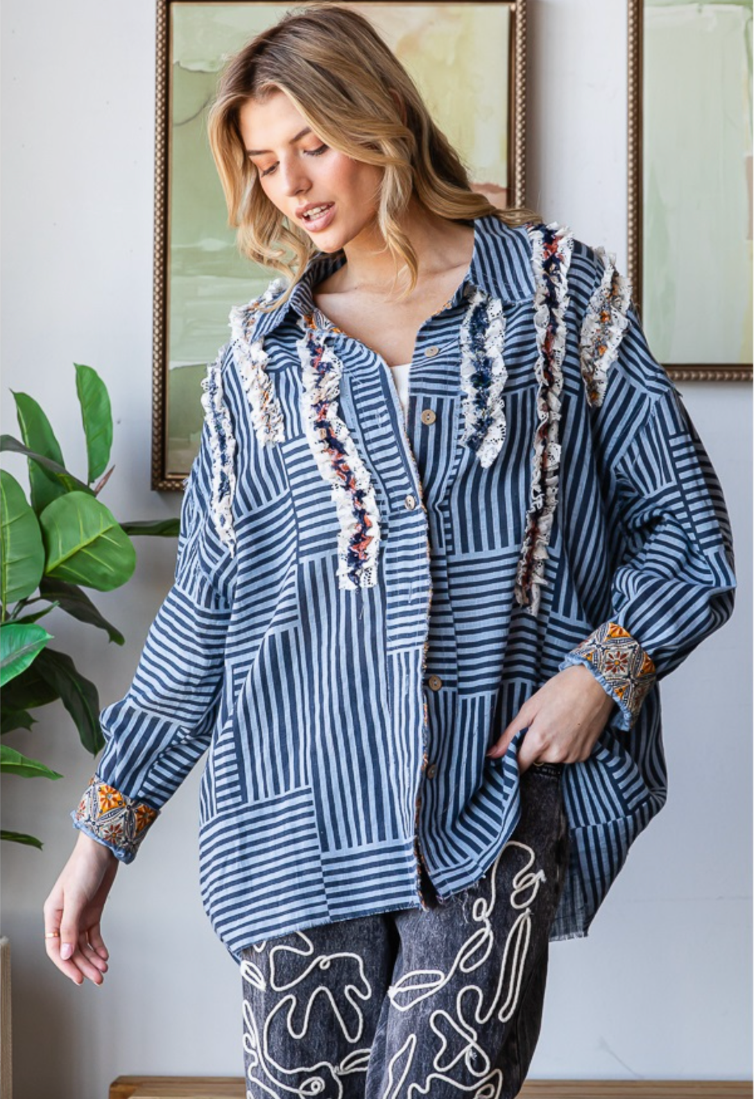 Ruffle Striped Button Up Shirt- Navy