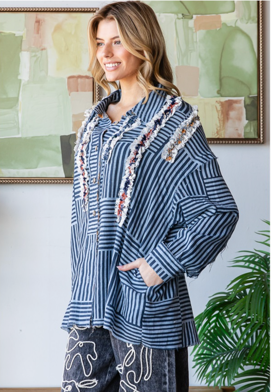 Ruffle Striped Button Up Shirt- Navy