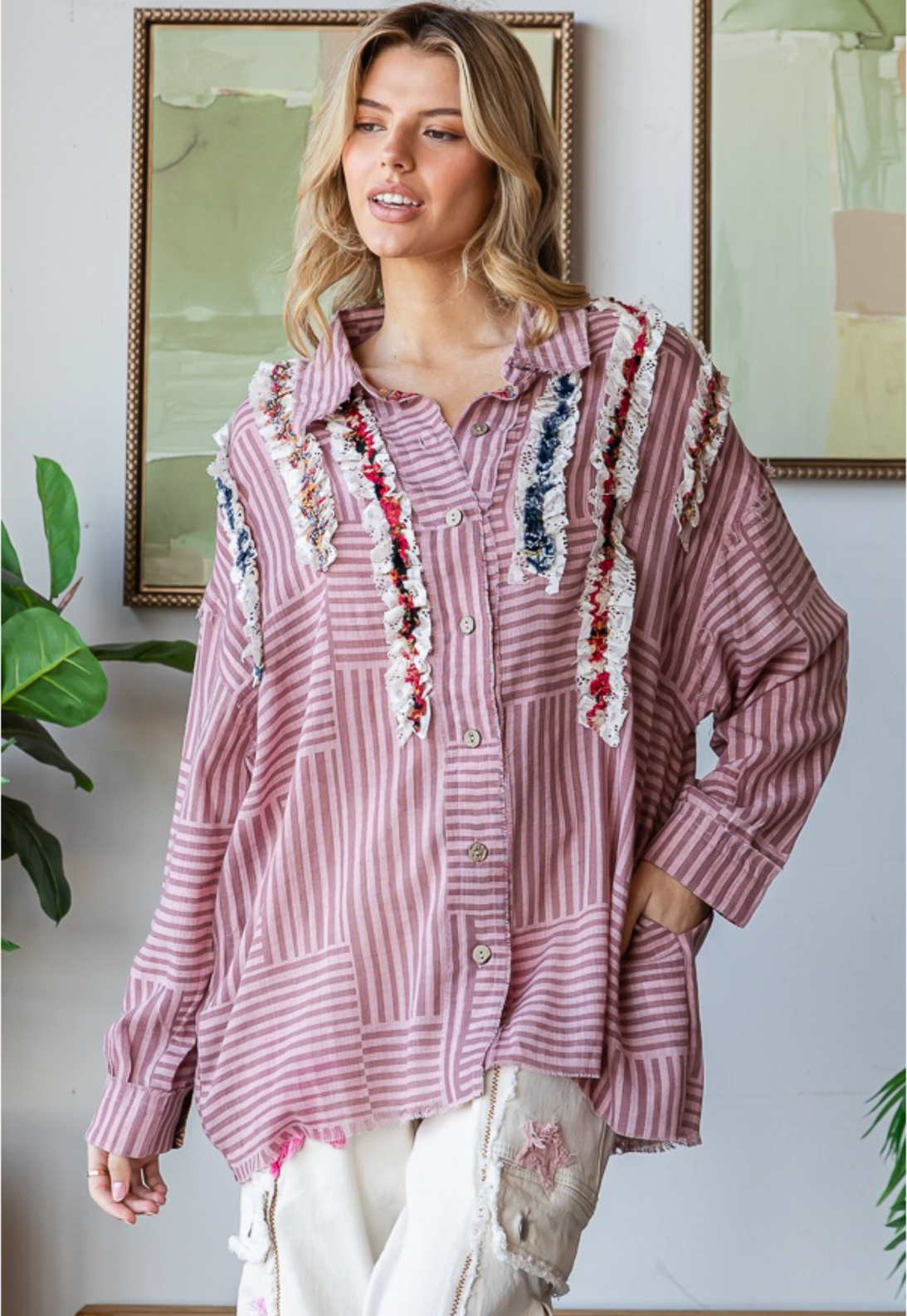 Ruffle Striped Button Up Shirt- Pink