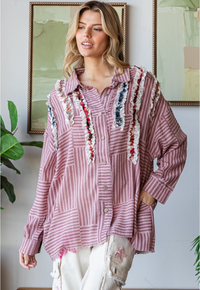 Thumbnail for Ruffle Striped Button Up Shirt- Pink