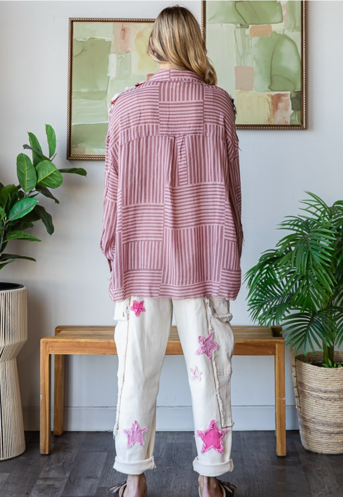 Ruffle Striped Button Up Shirt- Pink