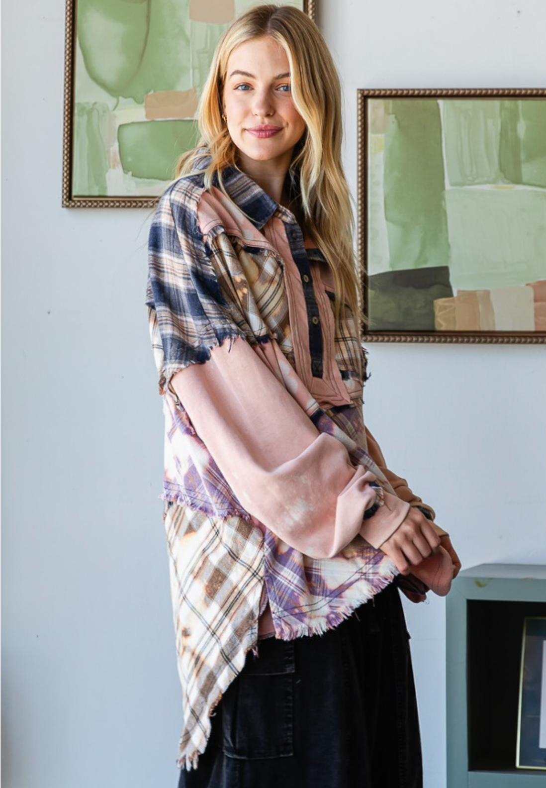 Distressed Mix Media Plaid Shirt- Pink