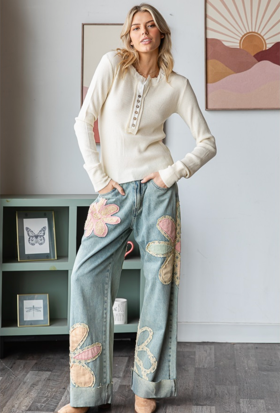 LOVE CHILD Flower Patchwork Jeans- Washed denim