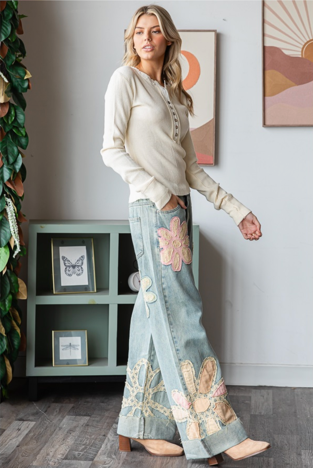 LOVE CHILD Flower Patchwork Jeans- Washed denim