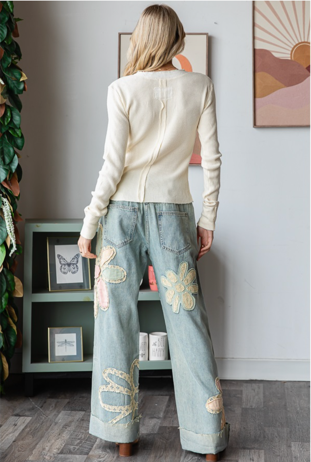 LOVE CHILD Flower Patchwork Jeans- Washed denim