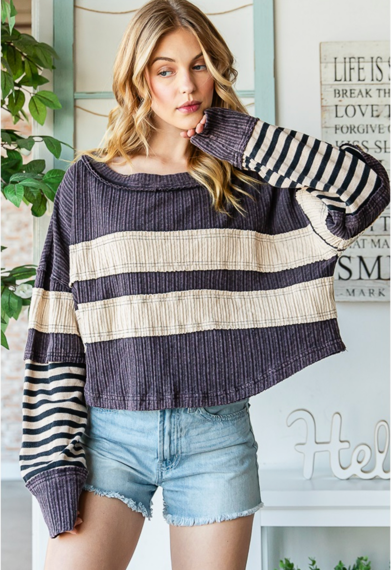 Mixed Media Striped Pullover- Navy/ Ivory stripe