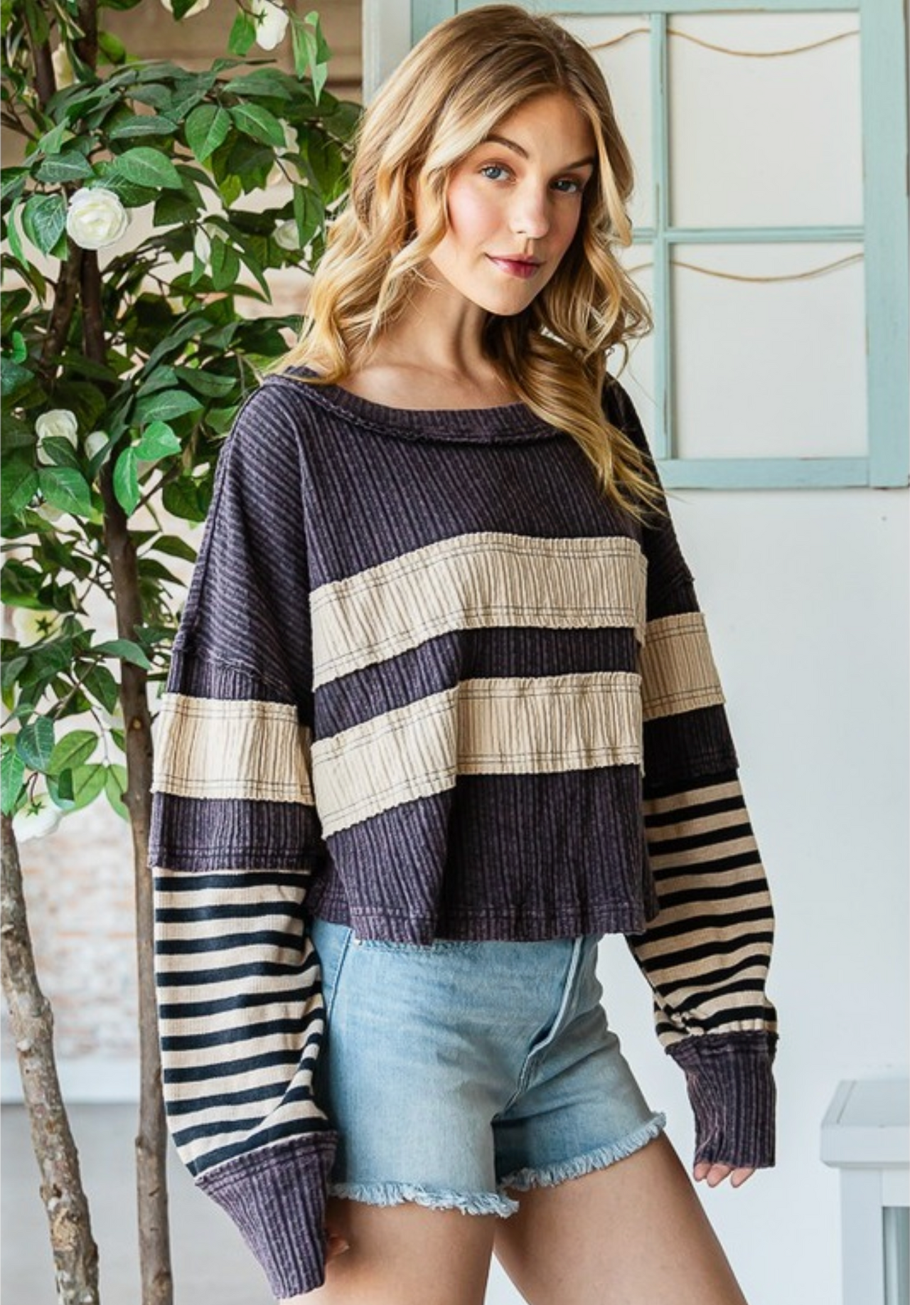 Mixed Media Striped Pullover- Navy/ Ivory stripe