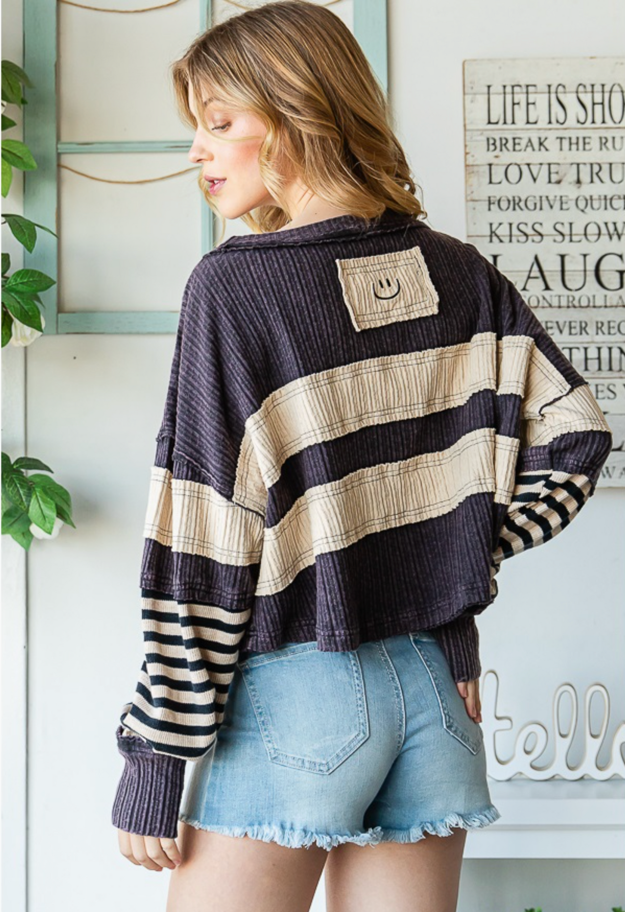 Mixed Media Striped Pullover- Navy/ Ivory stripe