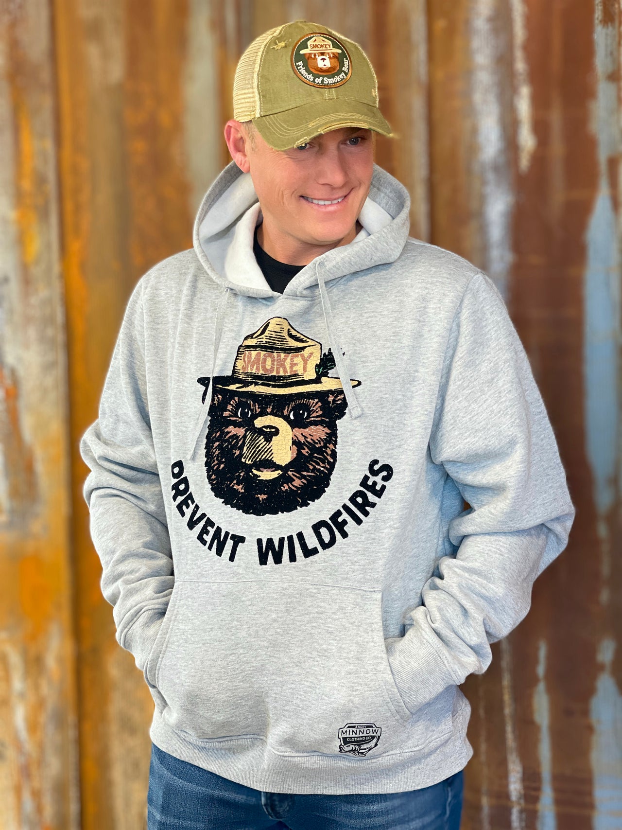 Smokey Bear Prevent Wildfires Flocked Hoodie Light Grey Angry