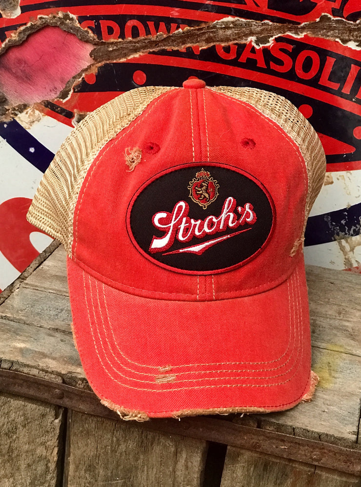 Stroh's Beer Vintage Logo Patch Hat - Distressed Black Snapback