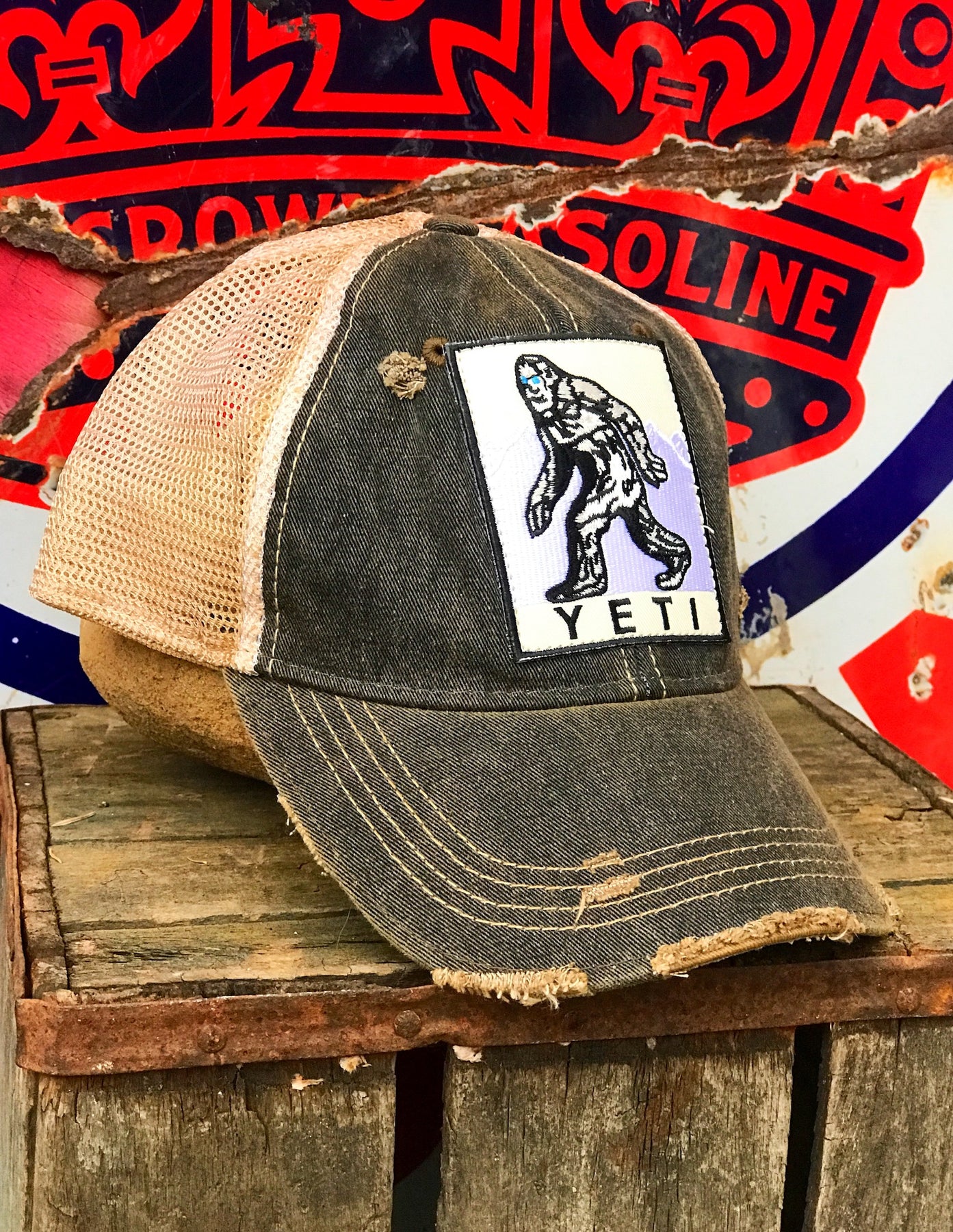 Yeti The Abominable Snowman Cryptid Series Hat- Distressed Black Snapback